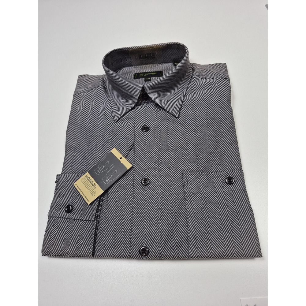Cotton Reel Dress Shirt Mens M Silver Herringbone 100% Cotton Convertible Cuff